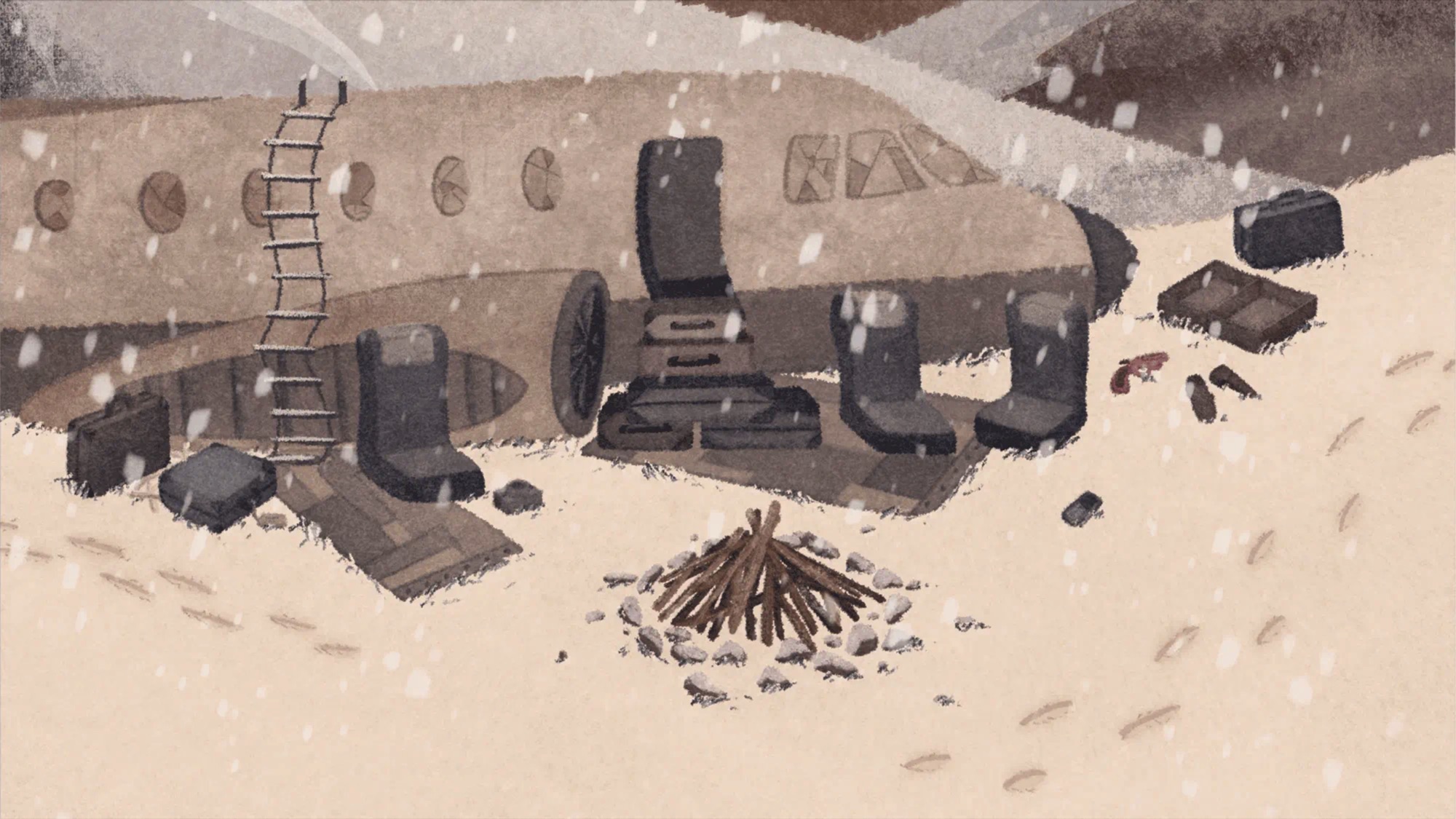 The composite scene -- the crash site sits as one layer within the full illustration